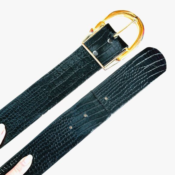 VTG Alexis Kirk Black Leather Belt Alligator Crocodile Embossed Shiny Big Buckle